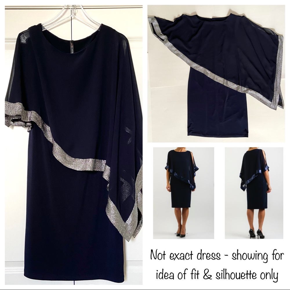 NWOT M Sleeveless Sheath Dress with Cold Shoulder chiffon cape, Navy/Silver
